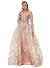 Champagne Long Sleeves Tulle Beading Detachable Train Formal Prom Dress
