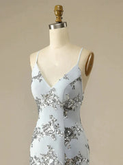 V Neck Mermaid Silver Gray Appliques Prom Dress
