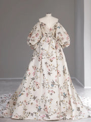 Printed Long Long Sleeves Prom Dress With Slit