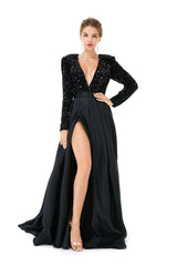 Black Long Sleeves Sequin & Satin A Line Sexy Prom Formal Dress