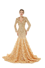 Champagne Sequin V Neck Long Sleeve Trumpet Mermaid Prom Formal Dress