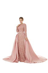 Rose Pink Long Sleeves Scoop Trumpet Mermaid Sparkle Sequin Prom Dress