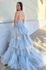 Red Tulle Mesh V Neck Ruffles Prom Dress