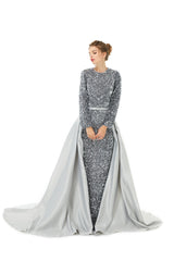 Silver Removable Train Long Sleeves Trumpet Mermaid Sparkle Sequin Prom Dress