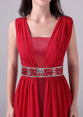Red Long Boat Neck Satin & Chiffon A Line Beading Prom Dress