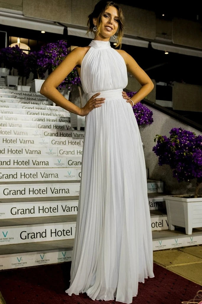 A Line Sleeveless High Neck Chiffon PleatsWedding Dress