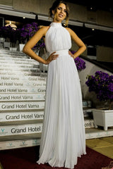 A Line Sleeveless High Neck Chiffon PleatsWedding Dress