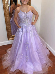 Appliques Spaghetti Straps Lavender Tulle Prom Dress With Pockets
