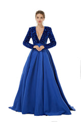 Royal Blue V Neck Sequin Bling Bling Satin A Line Prom Dress