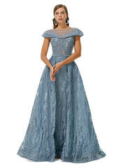 Blue Cap Sleeves Scoop Lace A Line Detachable Train Prom Formal Dress