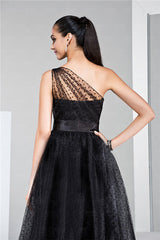Black Tea Length One Shoulder Tulle Polka Dot Prom Formal Dress