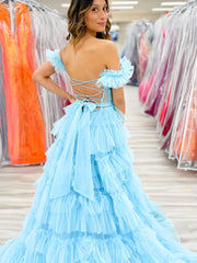 Tulle Sky Blue Off The Shoulder Ruffles Prom Dress