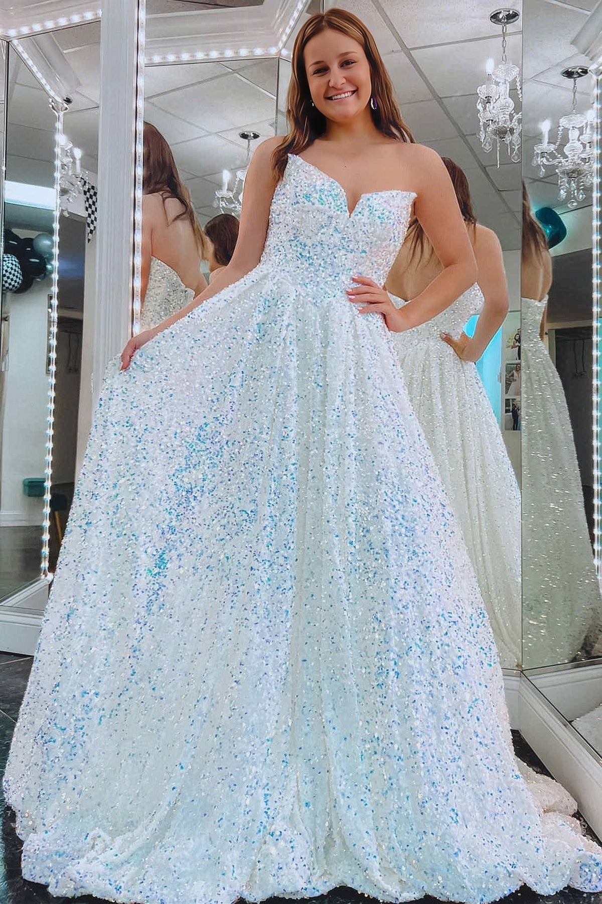 White Sequin Sweetheart Sparkle A Line Prom Dress