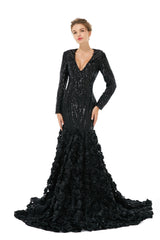Long Sleeves V Neck Black Trumpet Mermaid Rose Sequin Prom Formal Dress