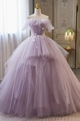 Tulle Floral Ball Gown Princess Lavender Prom Dress