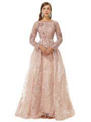 Luxury Champagne Beading Long Sleeve Sheer Detachable Train Prom Dress