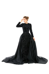 Black Long Sleeves Scoop Trumpet Mermaid Sparkle Sequin Prom Dress