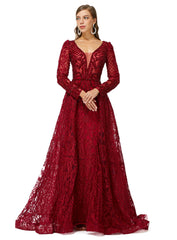 Burgundy Long Sleeves Tulle Beading Detachable Train Formal Prom Dress