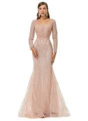 Champagne V Neck Trumpet Mermaid Beading Bling Bling Prom Formal Dress