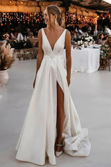 A Line Belt V Neck Satin Wedding Dress With Slit