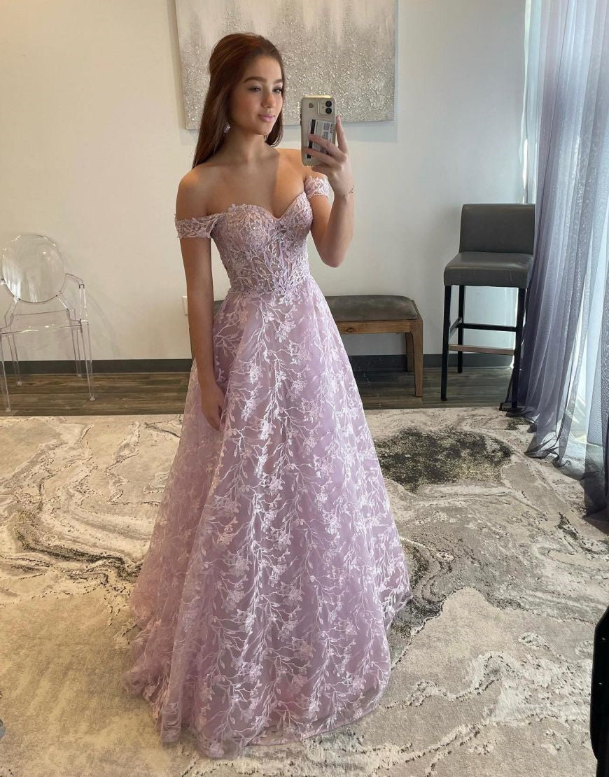 Pink Off The Shoulder Lace Long Prom Dress