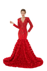 Red Long Sleeves 3D Rose Flowers Trumpet Mermaid Formal Prom Dress