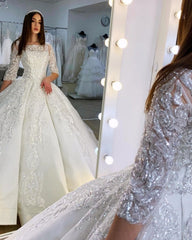 Half Sleeves Scoop Beading Appliques Ball Gown Bridal Wedding Dress