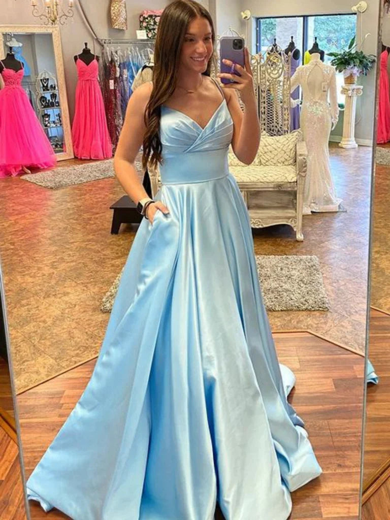 Backless V Neck Blue Satin Prom Dress with Pocket
