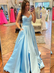Backless V Neck Blue Satin Prom Dress with Pocket