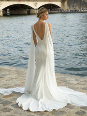 Sheath Column Backless V Neck Satin Wedding Dress With Cape