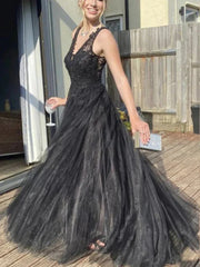 Black V Neck Open Back Lace A Line Prom Dress