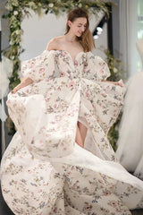 Printed Long Long Sleeves Prom Dress With Slit