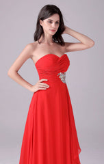 Sweetheart Chiffon Red Beading Pleats Floor Long Bridesmaid Dress