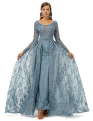 Blue Long Sleeves Scoop Lace A Line Detachable Train Prom Formal Dress