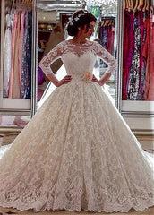 Lace Jewel Long Sleeves Ball Gown Wedding Dress With 3D Flowers