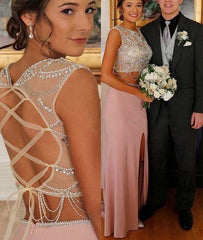 Unique pink two pieces sequin long prom dress, pink formal dress - RongMoon
