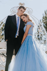 Blue tulle two pieces long prom dress blue formal dress - RongMoon