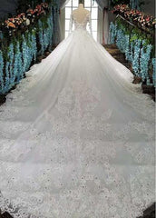 Lace Appliques & Beadings Tulle Bateau A-line Wedding Dress