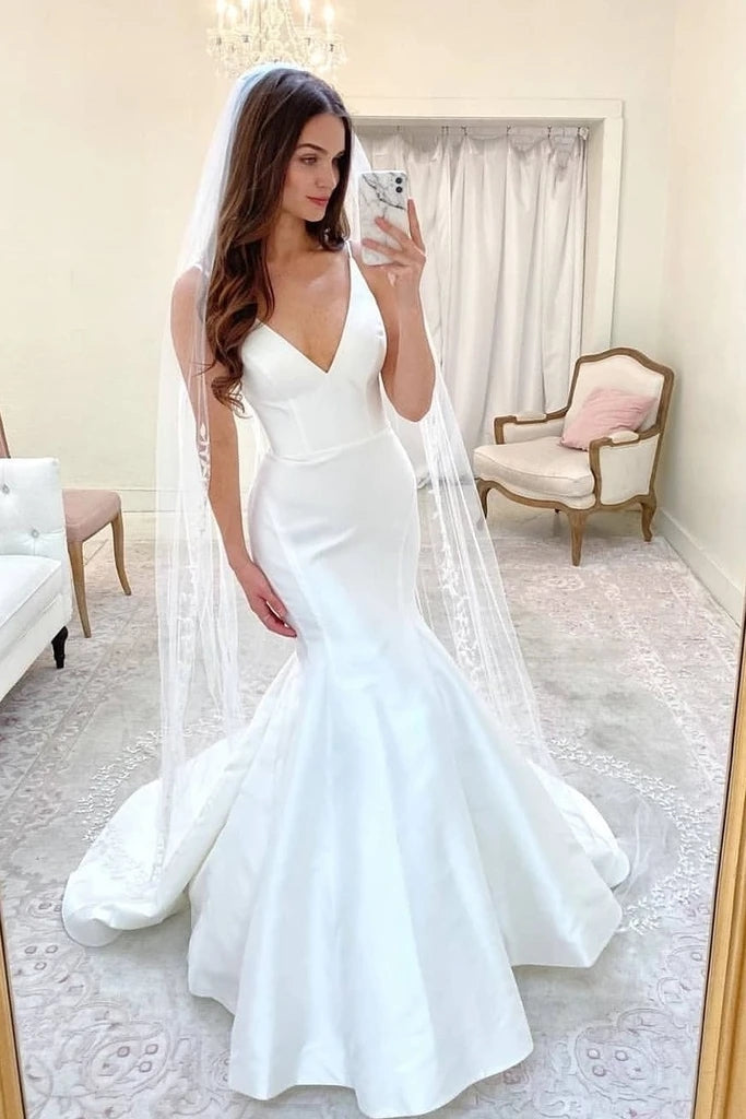 Sweep Train Satin Sexy V Neck Mermaid Wedding Dress