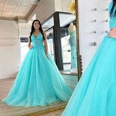 V Neck Appliques Backless Turquoise Tulle Prom Dress