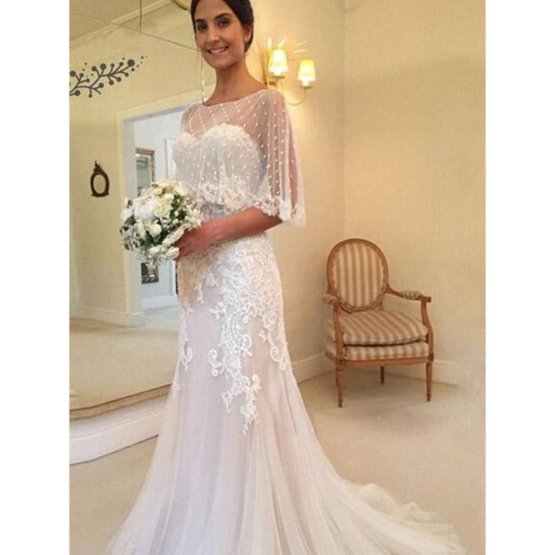 Sheath Column Tulle Applique Sweetheart Sweep/Brush Train Wedding Dress