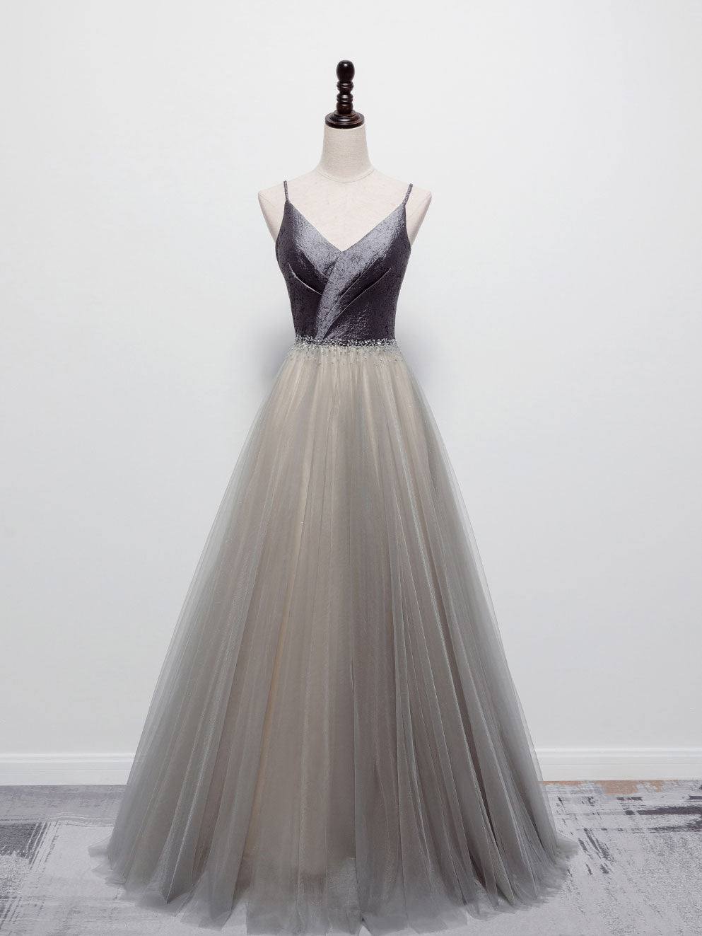 Simple gray v neck tulle long prom dress, gray tulle formal dress - RongMoon
