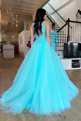 V Neck Appliques Backless Turquoise Tulle Prom Dress