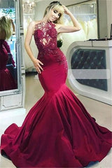 Burgundy Sheer Neck Appliques Mermaid Prom Dress