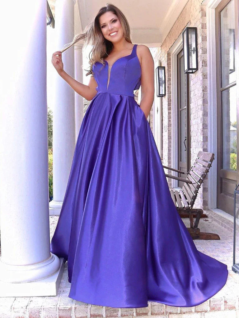V Neck Long Bowknot Purple Satin Prom Dress