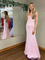 Pink Mermaid Backless Appliques Sexy Prom Dress
