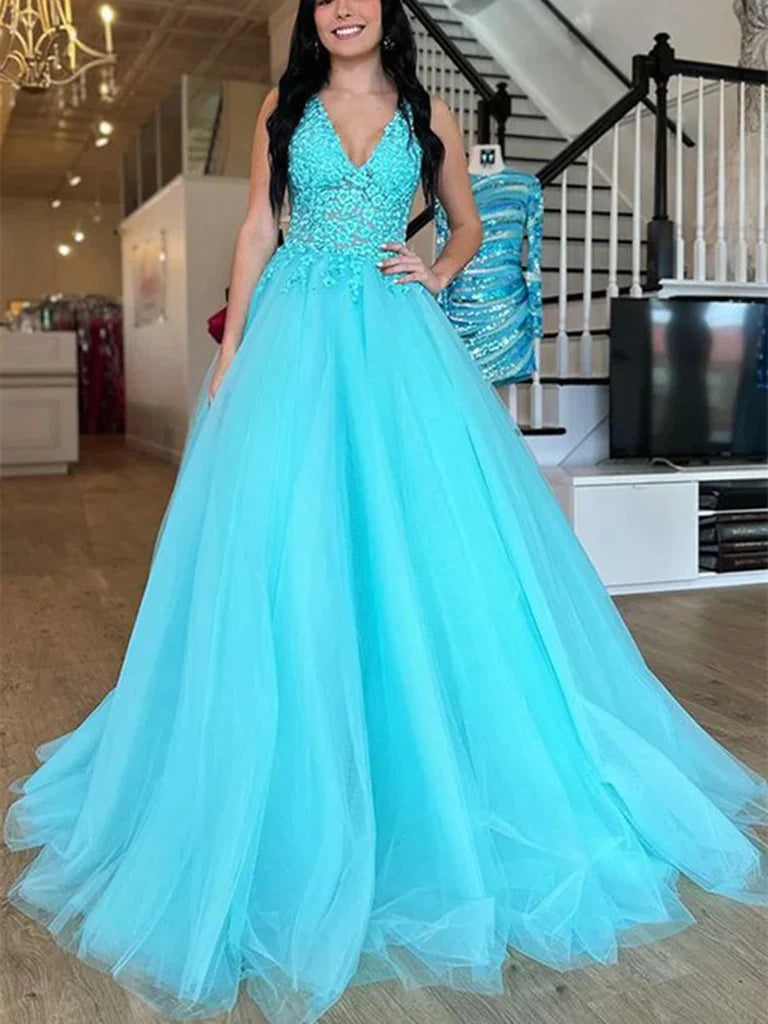 V Neck Appliques Backless Turquoise Tulle Prom Dress
