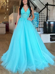V Neck Appliques Backless Turquoise Tulle Prom Dress