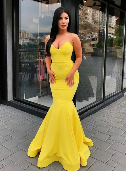 Simple Yellow Mermaid Sweetheart Long Satin Prom Dress