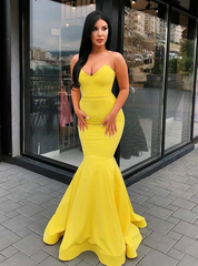 Simple Yellow Mermaid Sweetheart Long Satin Prom Dress